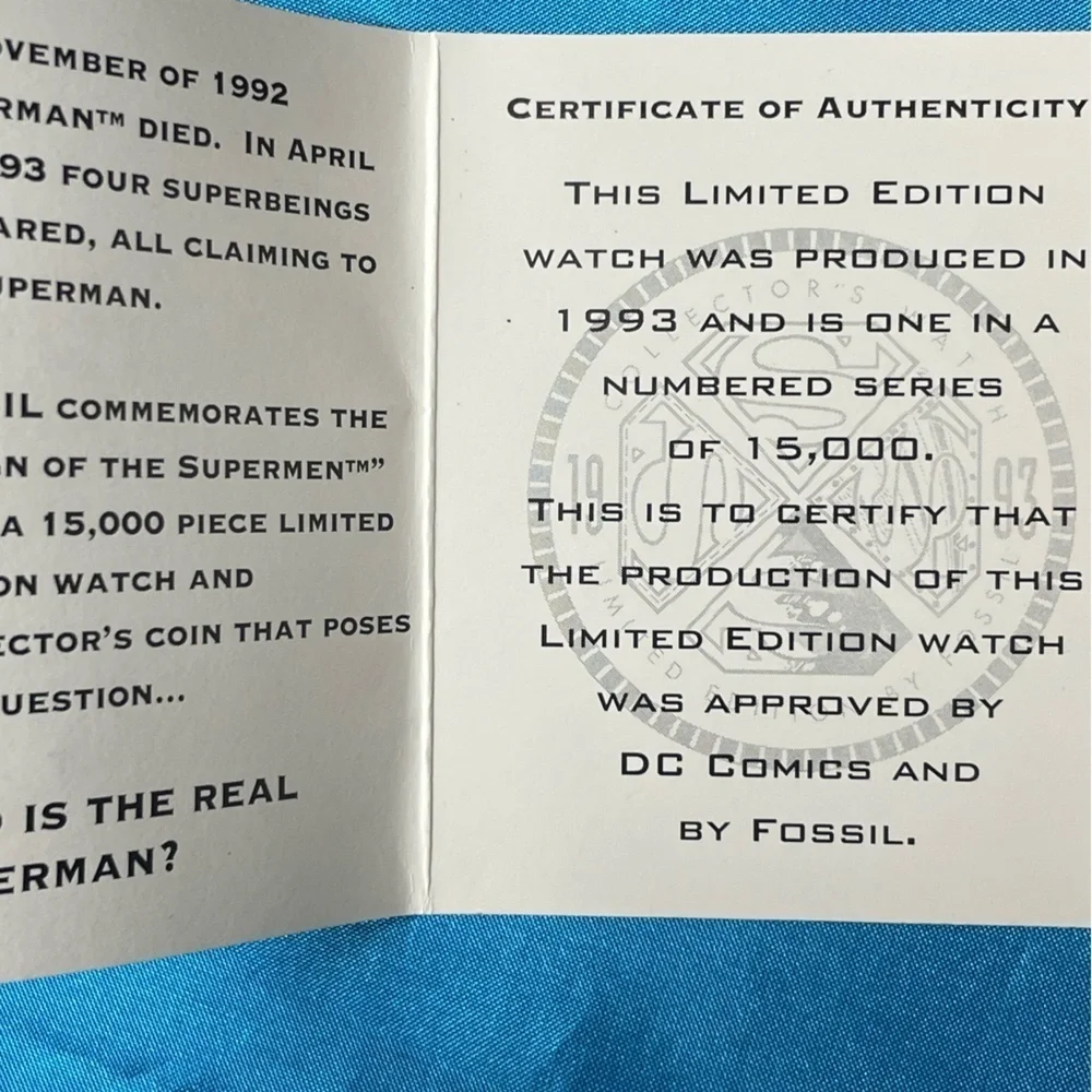FOSSIL COMMEMORATIVE WATCH “REIGN OF THE SUPERMEN” 1993 COA NIB NUMBERED